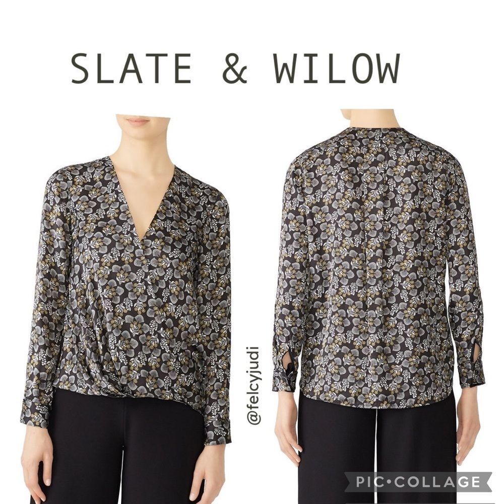 Slate & Willow | Women's Faux Wrap Floral Blouse in Black‎ Floral, Size S
